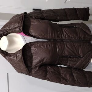 Peace Love Chill women's brown lightweight down jacket with pink lining. Small